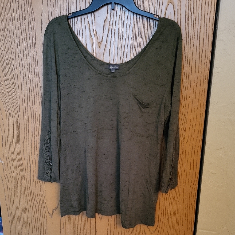 Lily Rose Olive Green 3/4 Lace Detail Sleeve Blouse , Sz XL